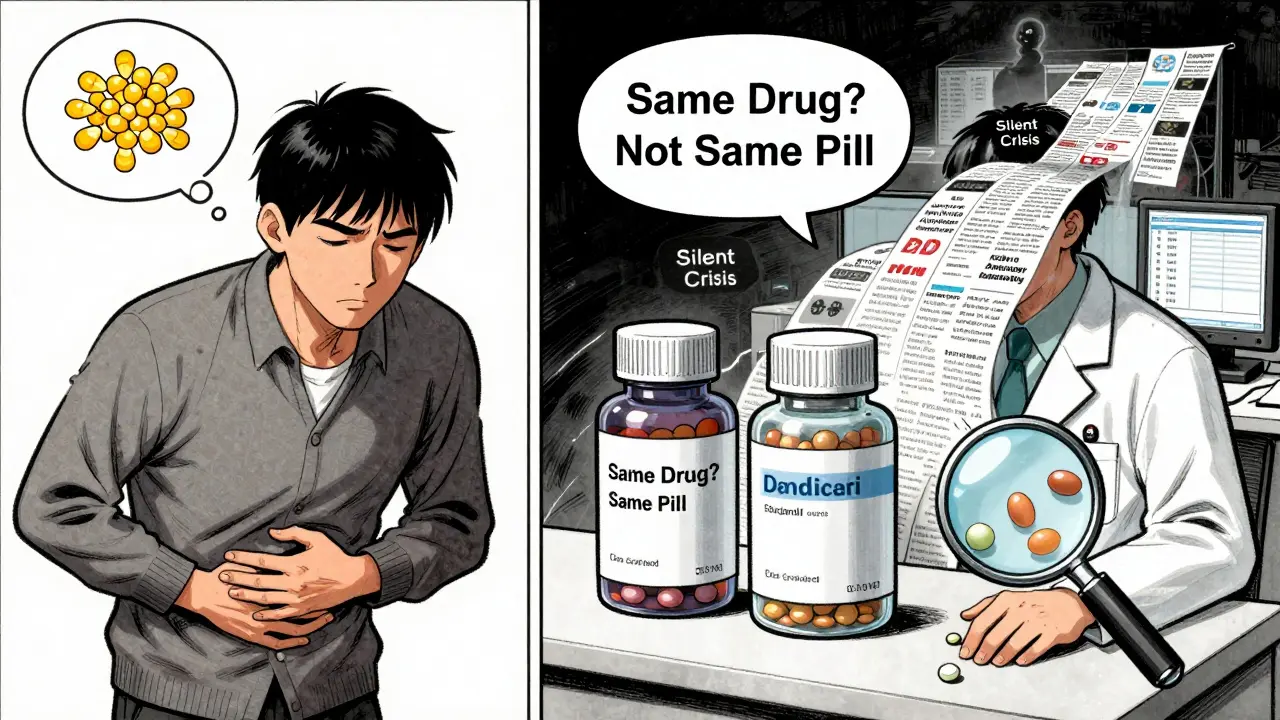 Side-by-side comparison of brand-name and generic pills showing different inactive ingredients causing reactions.