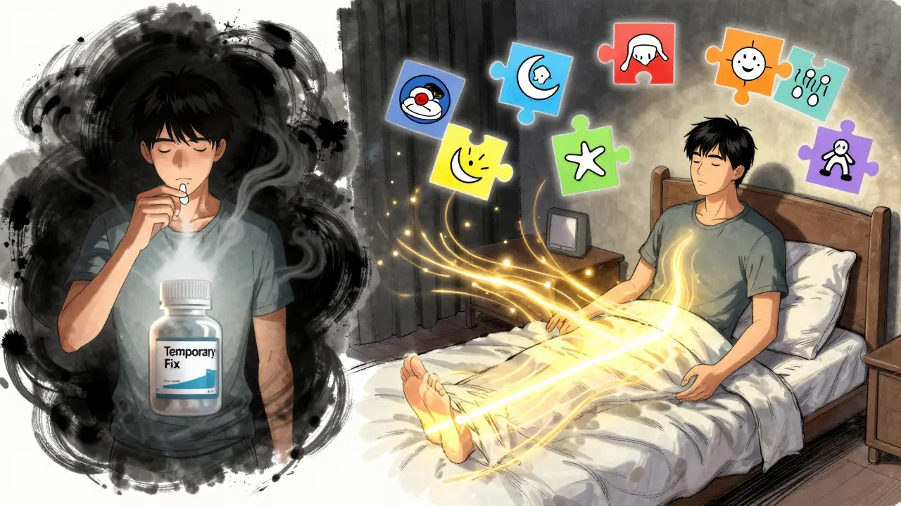 Split scene: one side shows pill use with negative side effects, the other shows calm sleep training with glowing energy and cognitive tools.