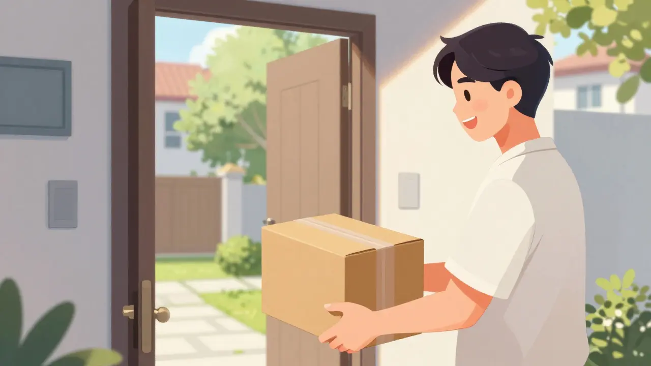 A person receiving a secure pharmacy delivery at their home