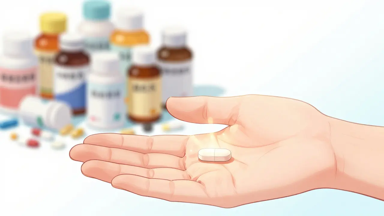 A single polypill in a hand, replacing a cluttered background of many medication bottles.