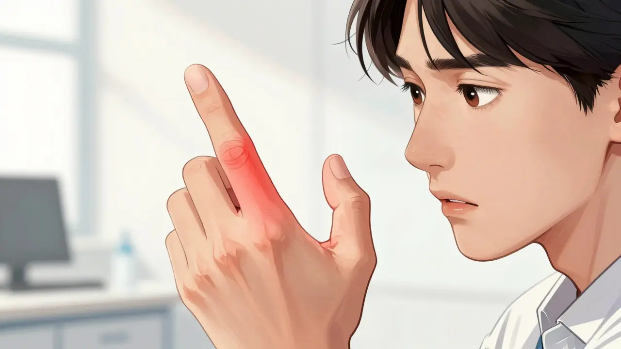 Chinese manhua style depiction of a swollen finger illustrating dactylitis.