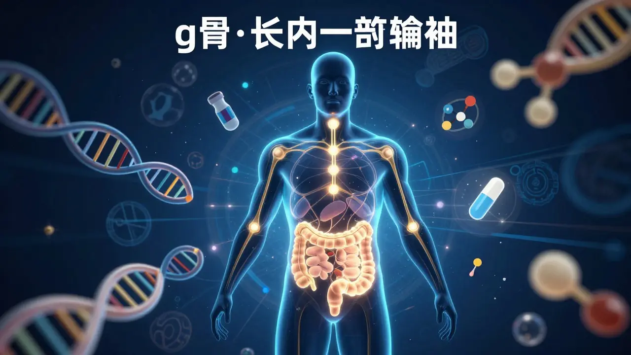 Conceptual manhua art showing the connection between gut, skin, and joints for precision medicine.
