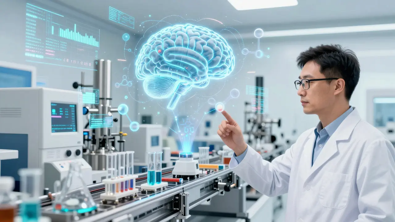 Futuristic AI and holographic molecular models overseeing an automated drug production line.