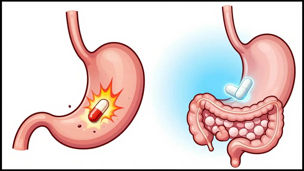 Illustration showing the difference between immediate release and enteric-coated pills in the gut.
