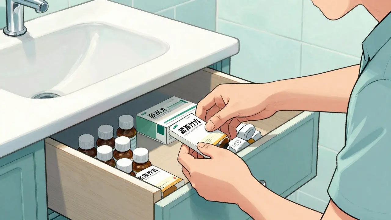 Manhua style depiction of a person storing medication in a cool, dry drawer for safety.