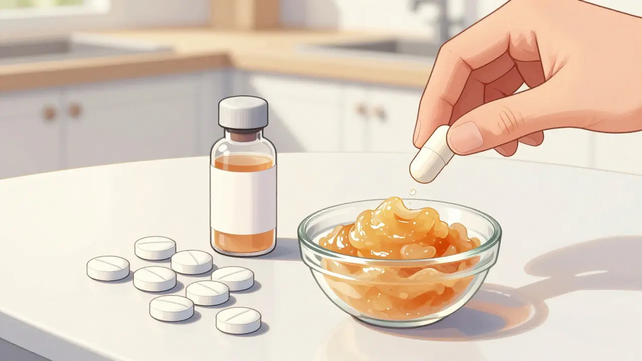 Manhua style illustration of different medication forms including tablets, sprinkle capsules, and liquid.