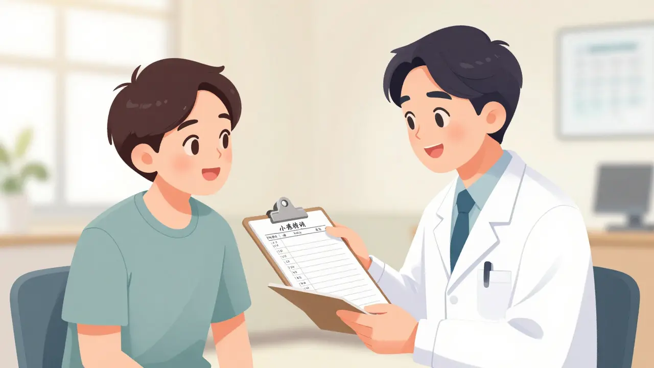 Patient and doctor discussing a symptom log in a clinic, manhua style.