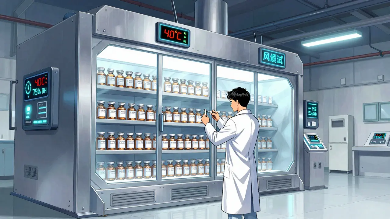 Scientist extracting a drug sample from a high-tech climate-controlled stability chamber.