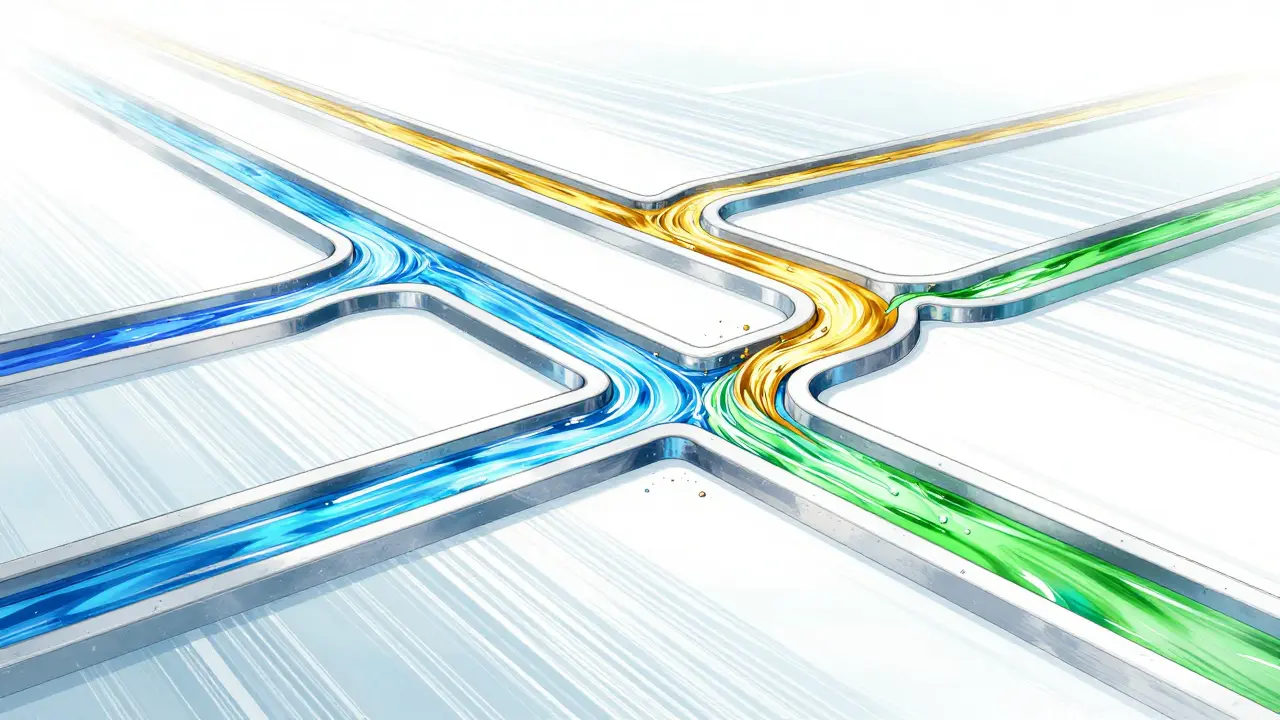 Stylized biological pathways receiving multiple gentle streams of medication for synergy.